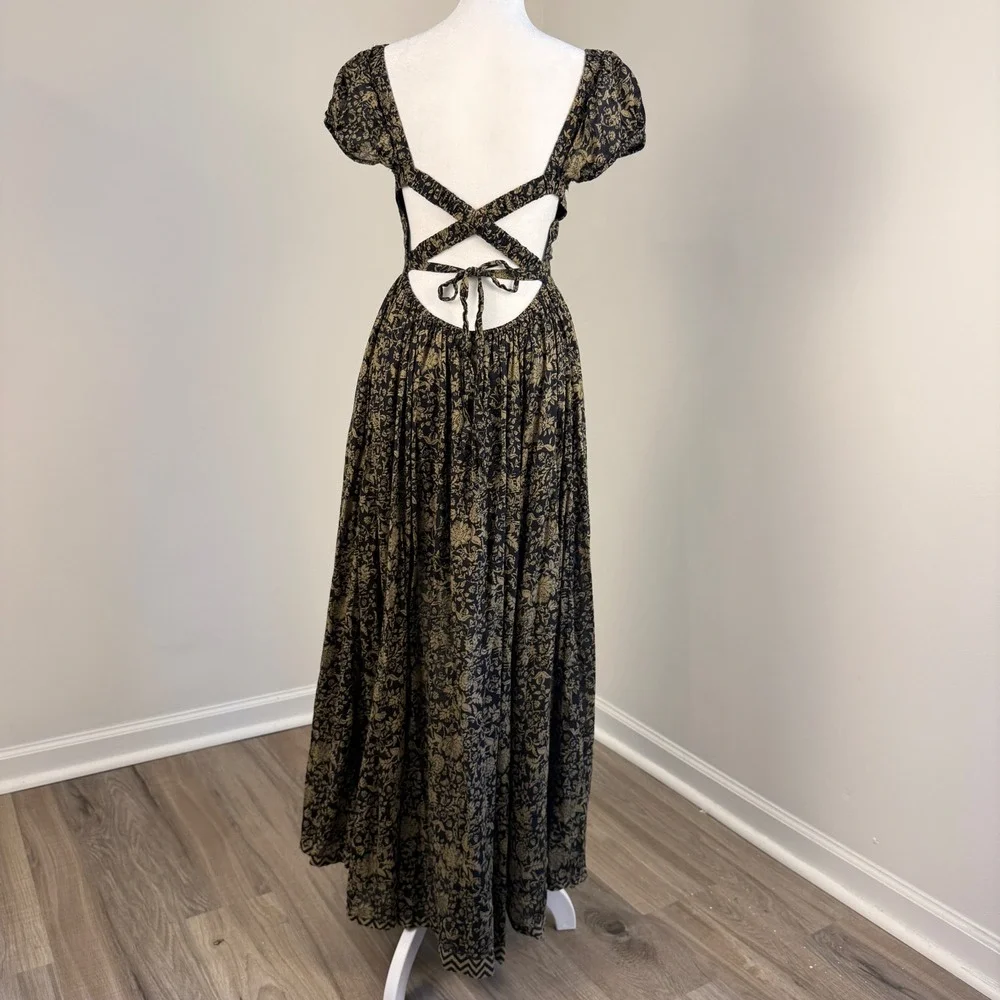 Free People Ultraviolet Maxi Dress Womens Small Floral Smocked Open Back Boho